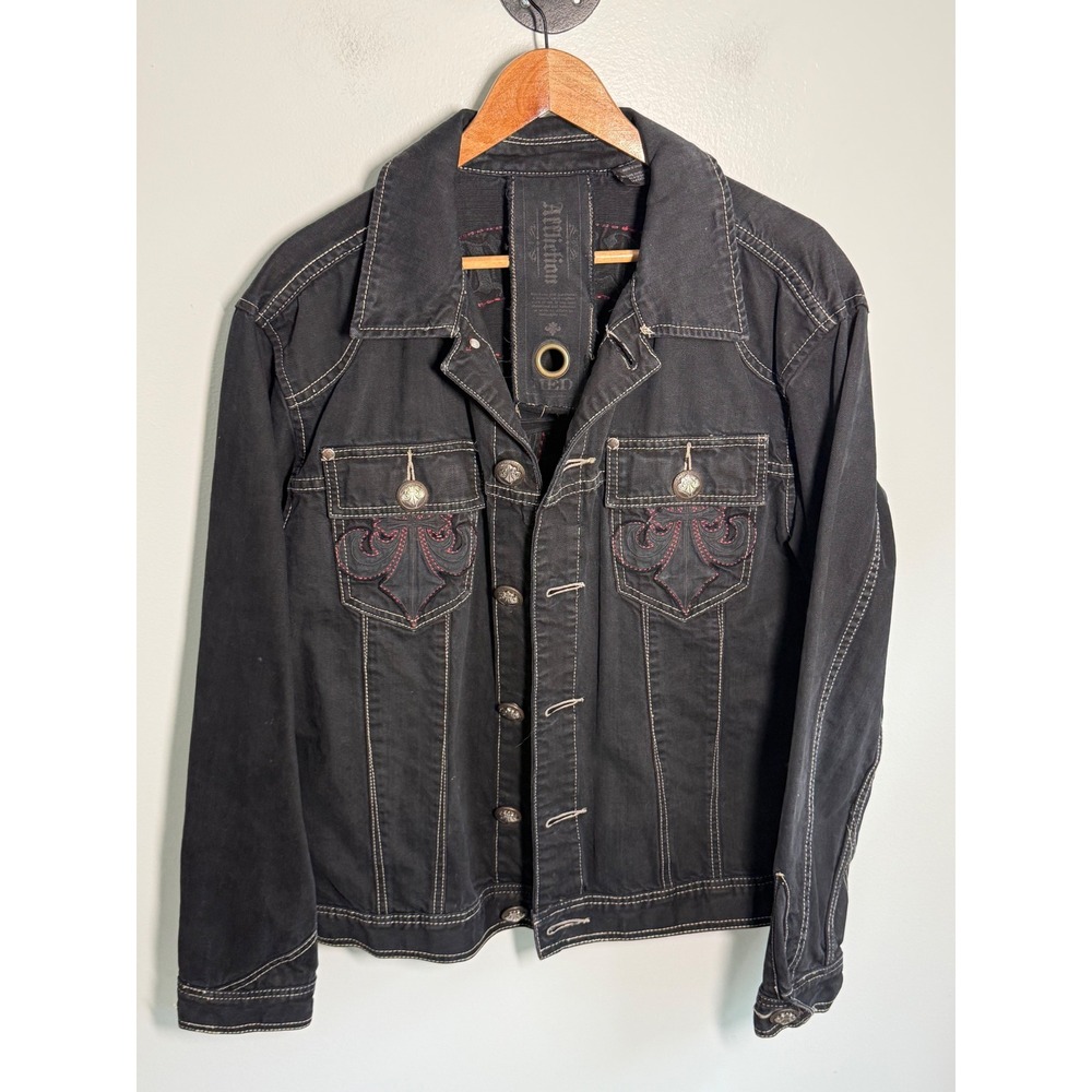 Affliction Vintage Mens Denim Jacket Black Embroidered Y2K Medium